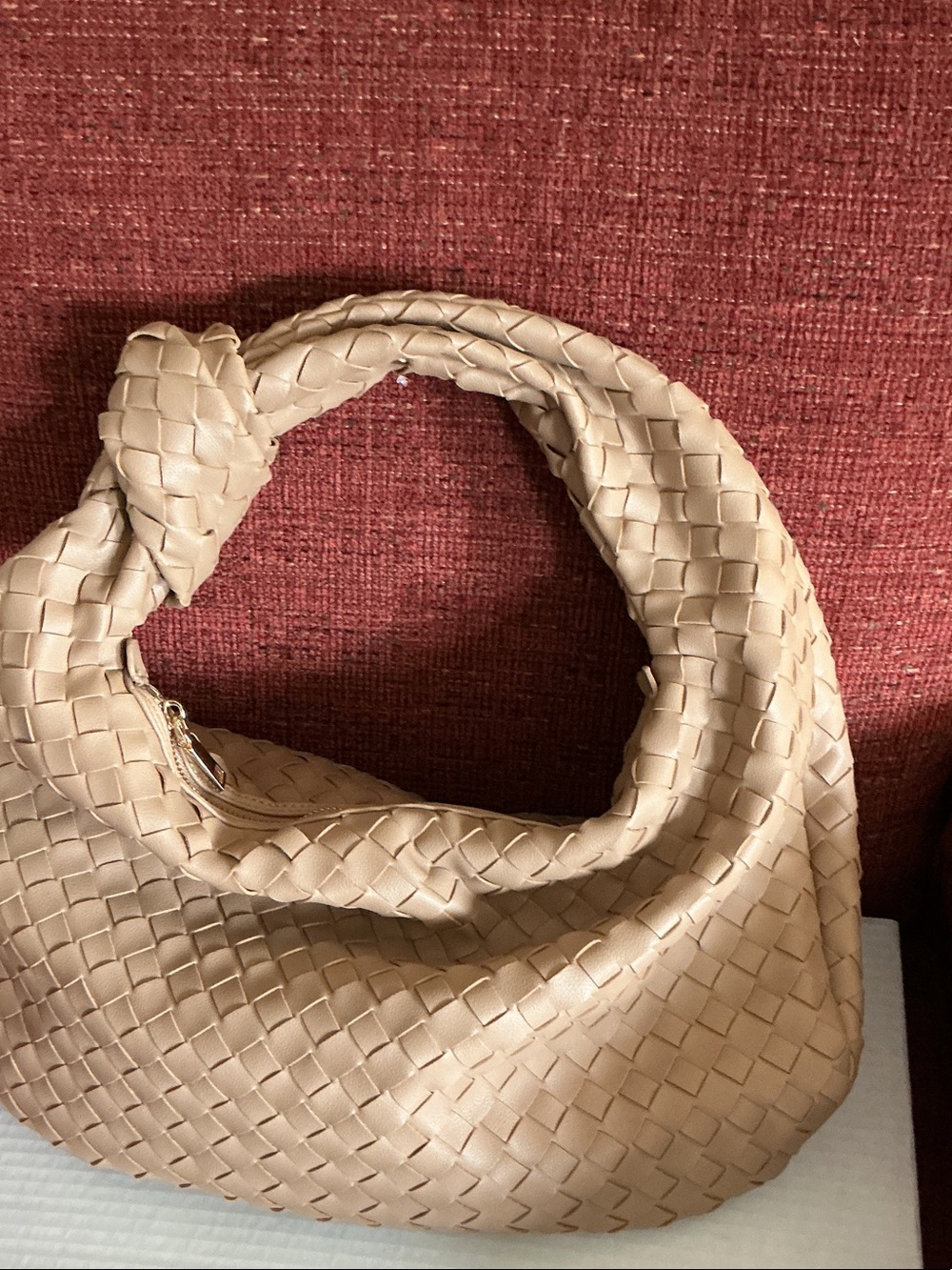 Woven Knot Handle Hobo Bag in Beige